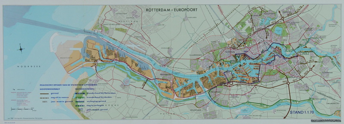 1991-3385 Kaart van Rotterdam en omgeving waarop de uitvoering van het hoofdwegennet en de waterkeringen per 1 januari ...