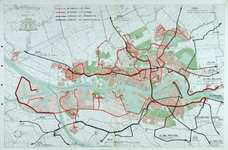 1991-3387 Kaart van Rotterdam en omgeving met daarop ingetekend de tram- en autobuslijnen van de RET, RTM, WSM, Van Gog ...