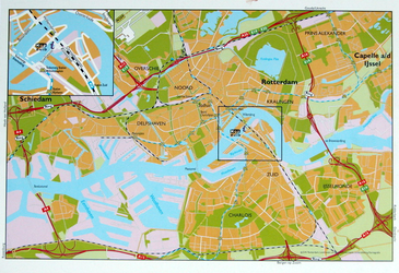 1995-105 Plattegrond van Rotterdam, met de route naar het informatiecentrum Kop van Zuid. Inzetkaartje: Kop van Zuid