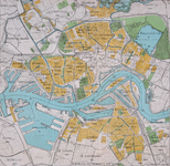 1999-502 Plattegrond van Rotterdam met daarop aangegeven de stadswijken en het aantal inwoners per wijk