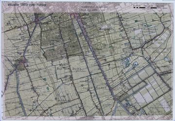 2005-1622 Kaart van Delft en omgeving geprojecteerd op een topografisch kaart uit 1889