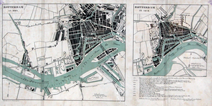 I-102 Plattegronden van Rotterdam en omgeving anno 1889 en anno 1858, die naast elkaar afgedrukt, de groei van de stad ...