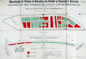 II-181-01-01 Kaart met plattegronden van bouwterreinen op het Noordereiland en aan de Rosestraat