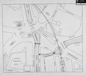 IX-1244-01-03-04 Het Hofplein en omgeving; gereconstrueerd detail van een plattegrond van 1933.