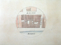 RI-1580 Plattegrondkaartje van door de brand van 13 mei 1849 verbrande of beschadigde gebouwen, aan de Leuvehaven, ...