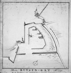 RI-447 Plattegrond van het Buizengat [ter plaatse van het huidige Boerengat] in het jaar 1591