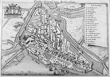 RI-7 Historiekaart, reconstructie van de plattegrond van Rotterdam anno 1488 tijdens de Jonker Fransenoorlog. Links ...