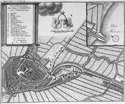 RISCH-240 Kaart van de stad Schiedam. Inzetkaartje: de monding van de haven in de Nieuwe Maas