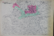 XXX-55-00-02 Kaart van Rotterdam en omgeving waarop [met rood] het stadsgebied is aangegeven en [met groen] de ...