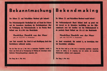 IA-1943-0061 Bekanntmachung - Bekendmaking van de Höhere S.S. - und Polizeiführer Nordwest over de ter dood ...