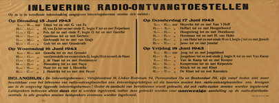 IA-1943-0066 Inlevering radio-ontvangtoestellen. Op de in de desbetreffende bekendmaking aangegeven inleveringsbureaux ...