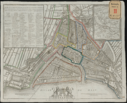 130a Bestaande kaart van het centrum van Rotterdam waarop met ingekleurde lijnen en letters (A t/m L) een wijkindeling ...