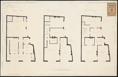 148-1 Plattegronden van de begane grond, de eerste en de tweede verdieping voor de verbouwing van een huis aan de ...