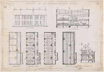 1890-142 Ontwerptekening van een te bouwen school aan de Schiedamsesingel, met geveltekeningen en plattegronden. Calque ...
