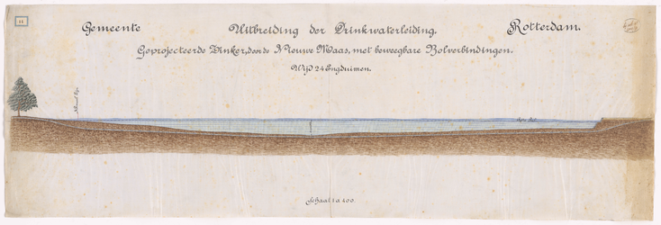 1891-14 Calque op linnen van de uitbreiding van de drinkwaterleiding en geprojecteerde zinker door de Nieuwe Maas, met ...