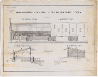 1892-208-2 Calque op linnen van de wederopbouw van loods VI van de Handelsinrichtingen. Blad 2