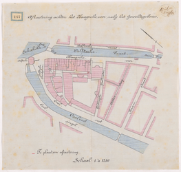1894-187 Calque op linnen van de afrastering achter het Haagsche veer nabij het gerechtsgebouw.