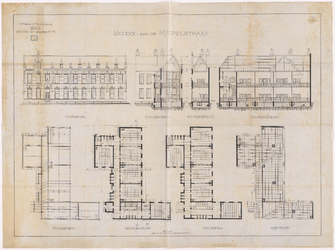 1894-5-2 Calque op linnen van de gevels en plattegronden van de school aan de Koepelstraat. Blad 2