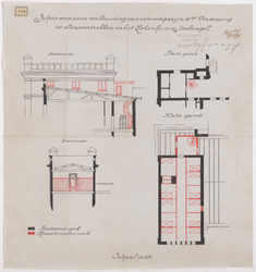 1895-216 Calque op linnen met schets voor een verbouwing van een magazijn 4de verdieping tot slaapvertrekken in het ...