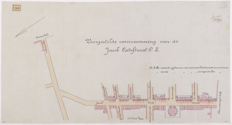 1895-258 Calque op linnen van de voorgestelde vernummering van de Jacob Catsstraat O. Z.