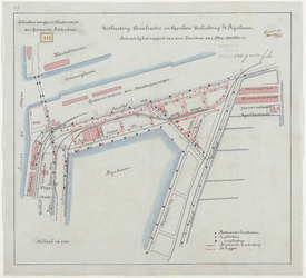 1896-113 Calque op linnen van de uitbreiding van de kanalisatie en openbare verlichting bij de Rijnhaven.