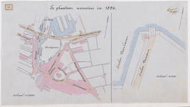 1896-16 Calque op linnen met informatie over te plaatsen urinoirs in 1896. Kaart van het dorp Charlois met dokhaven en ...