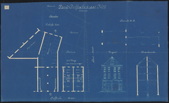 1896-255 Tekening van het pand Delftsestraat 57, met plattegrond, doorsneden en een geveltekening.