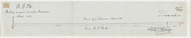 1896-274 Tekening met aanduiding van de ruiling van grond met de Gemeente Rotterdam door de Rotterdamsche Tramweg ...
