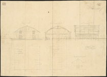 1897-12 Tekening van een te maken gebouw, met doorsneden en plattegronden.