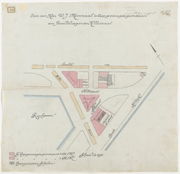 1897-155 Calque op linnen van door de Heer W.J. Mommaal te koop gevraagden grond aan de Parallelweg en de Hillestraat.