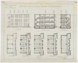 1897-245 Calque op linnen van een te bouwen school, voor U.L.O. aan de Jonker Fransstraat.