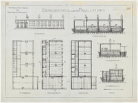 1897-288 Ontwerptekening van een bewaarschool aan de Parallelweg, met voorgevel, doorsneden en plattegronden van de ...