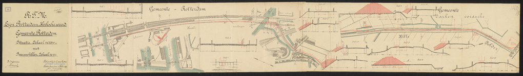 1897-41 Tekening der lijn Rotterdam. Hoekschewaard der R.T.M. situatie metdwarsprofielen.