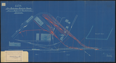 1898-149-1 Tekening van sporen en wissels op het Handelsterrein van de R.T.M. Lijn Rotterdam - Hoekse Waard. Blad 1