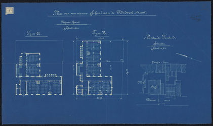 1899-197 Blauwdruk van de plattegrond voor een nieuwe school aan de Nadorststraat, volgens type A of type B, met een ...