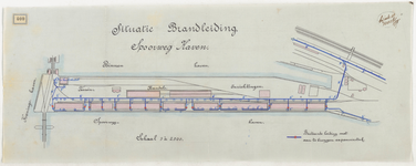 1899-400 Calque op linnen, situatie van de brandleiding op het terrein der Handelsinrichtingen aan de Spoorweg en de ...