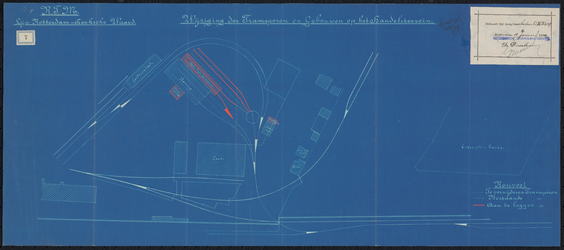 1899-7 Blauwdruk van de wijziging der tramsporen en gebouwen van de Rotterdamsche Tramweg Maatschappij op het Handelsterrein.
