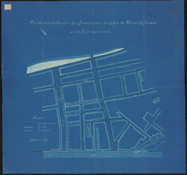 1900-155 Blauwdruk van de aanleg van een drinkwaterleiding in het stratenplan tussen de Zomerhofstraat en de Teilingerstraat.