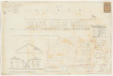 316-2 Plan van een schoolgebouw aan de Goudsesingel (zij- en vooraanzicht, bovenaanzicht en doorsneden dakconstructie).