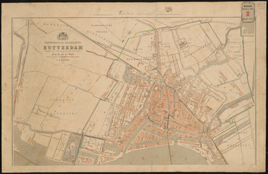 689 Gesteendrukte plattegrondkaart van Rotterdam, van H.C.F. van de Wall, met aanduiding in zwarte lijnen van een ...
