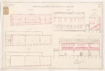 845 Tekeningen van de uitbreiding van het gebouw voor de Academie van Beeldende Kunsten aan de Coolvest. Calque op Linnen.