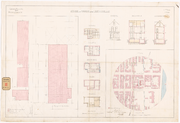 873-2 Plattegronden van de verdiepingen, een situatietekening van het gebied en gevels van de te bouwen school en ...