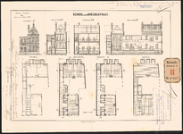 937f Gesteendrukte ontwerptekening van een school aan de Breedestraat met plattegronden, doorsneden en tekeningen van ...
