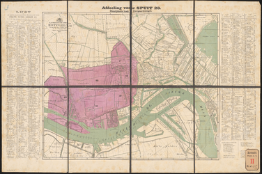983b-3 Drie gesteendrukte plattegronden van Rotterdam, waarop in kleuren de verdeling voor de brandspuiten is aangegeven.