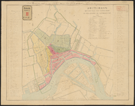 D-4 Gesteendrukte plattegrond kaart der stad Rotterdam, waarop het riolenstelsel in kleuren is aangegeven.