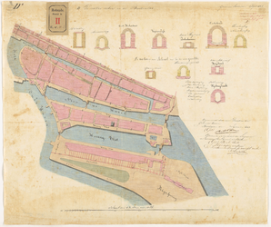 D-8-3 Drie calques op linnen der tekeningen van te maken riolen in de Buitenstad met plattegrond, waarop de richtingen ...