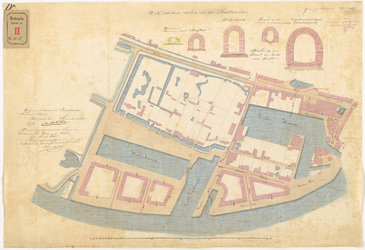 D-8-1 Drie calques op linnen der tekeningen van te maken riolen in de Buitenstad met plattegrond, waarop de richtingen ...