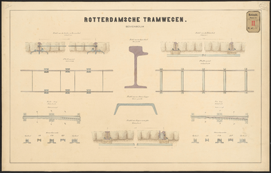 F-326 Blad 1: Bovenbouw. Constructietekening van de tramrails. In plan gebracht door J. Schotel en ingezonden aan ...