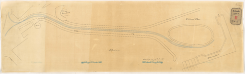 F-337 Calque op papier waarop met blauw de richting van de tramweg van het Slagveld naar het Centraal Station is aangegeven.