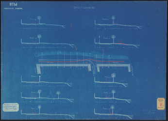 F-467 Tekeningen op blauw papier van de situatie van de nieuwe lijn Boompjes, Eendrachtsweg, Mauritsweg, Kruiskade, met ...